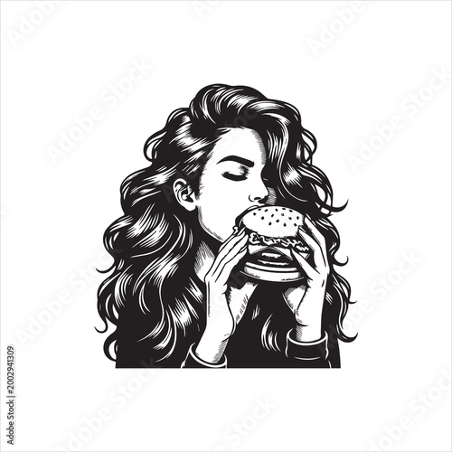 Illustration of a woman with long hair eating a burger against a white background, vector design with a logo-like style.
