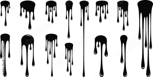 A collection of various black liquid drips featuring distinct shapes and smooth flowing texture design elements