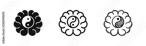 Mental balance icon set, brain with yin yang symbol, mindfulness and psychology vector