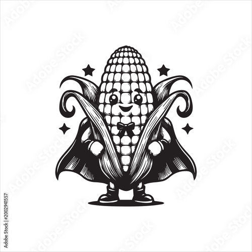 A black and white vector illustration of a smiling cartoon corn character wearing a cape and bow tie, surrounded by stars on a plain background.