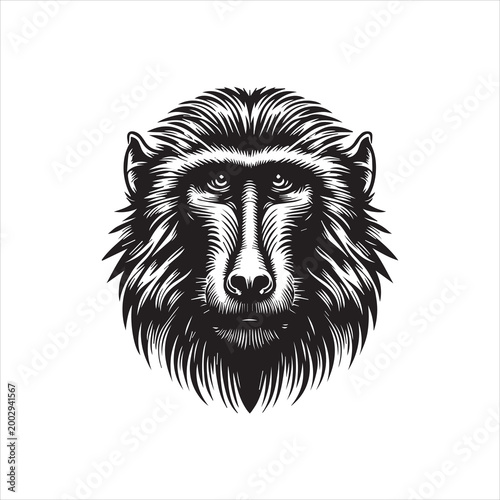 Detailed vector illustration of a baboon's head in black and white with a logo design style on a clean white background.