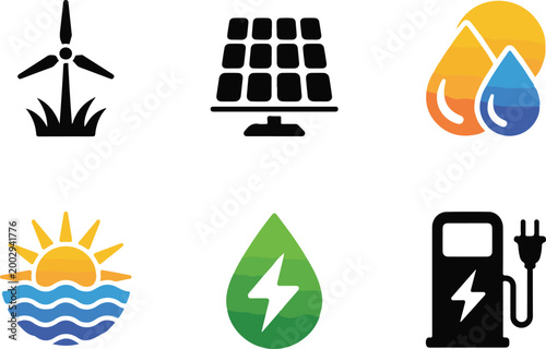 Renewable energy icons with wind turbine solar panel fuel station and nature symbols for clean power generation concepts flat vector.