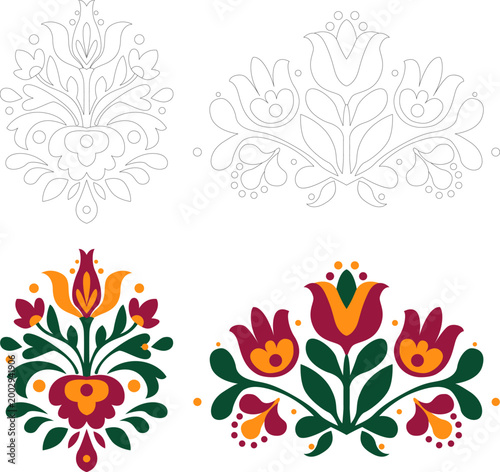 Two ornamental designs in line and color. Folk-style ornaments with decorative stylized floral elements and birds. Coloring page. A set of hand-drawn vector symbols. 