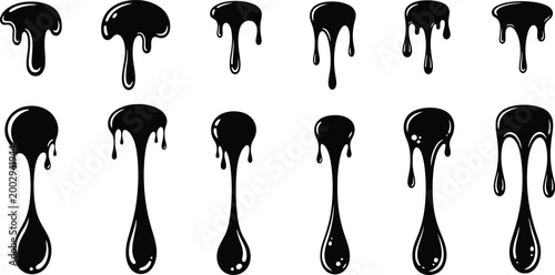A collection of various black liquid drips featuring distinct shapes for creative graphic design asset projects
