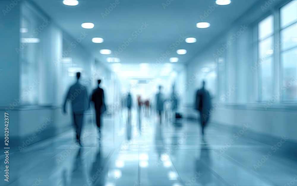 Fototapeta premium Blurred figures of people walking down a bright, modern, blue-toned hallway