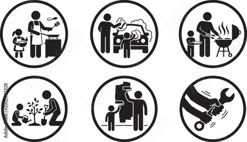 Science experiment education learning father son family bonding fatherhood child development father child icon set chemistry.