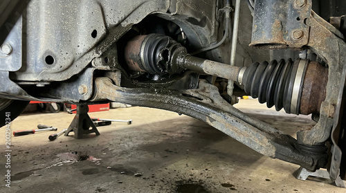 Automotive Cv Axle and Suspension Components Showing Wear and Grease in Garage