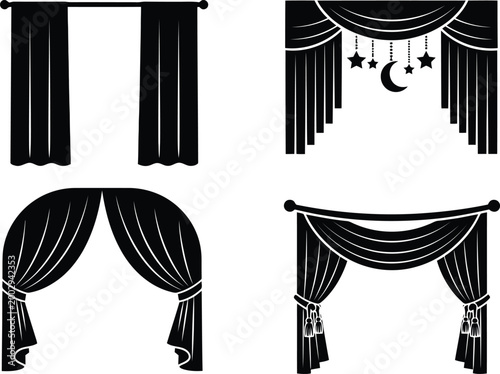 Collection of stylized black curtain designs for interior and stage decoration