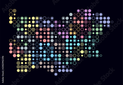 Bulgaria, shape of the country build of colored cells. Digital style map of the Bulgaria on dark background. Large size circle blocks. Stylish vector illustration.