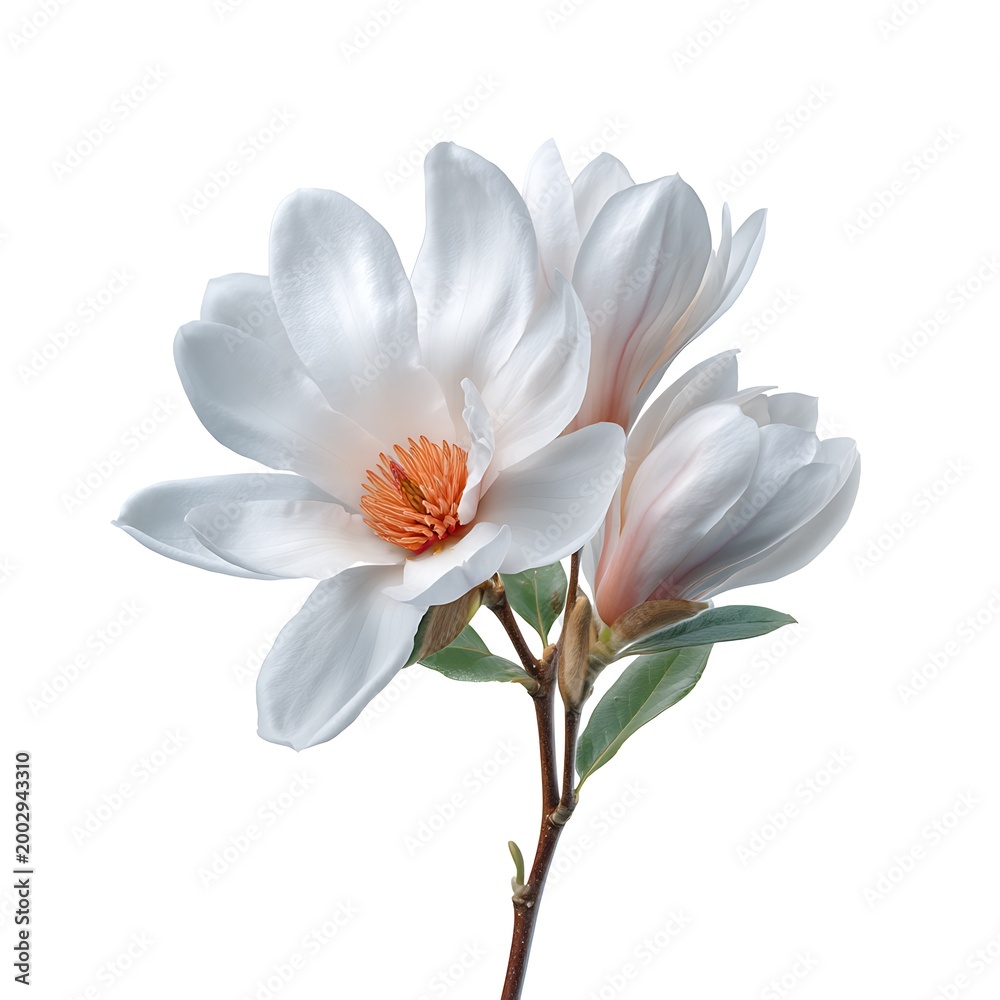 Fototapeta premium Elegant White Magnolia Blossom with Soft Petals and Vibrant Orange Stamen on Natural Stem