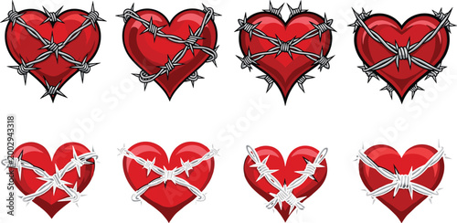 Barbed Wire Heart Collection with Broken Love Symbols and Romantic Pain Concept in Red Cartoon Vector Set for Valentine Emotion Design