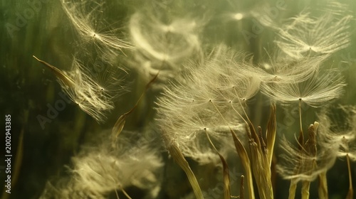 Dandelion seeds blowing away on a green background