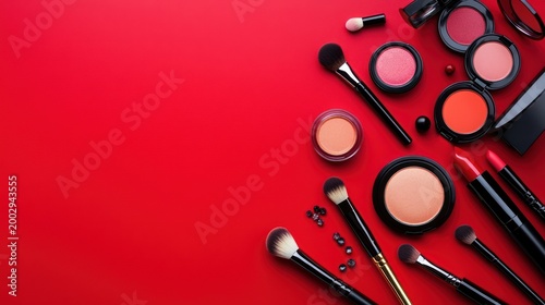 Assorted makeup products and cosmetics on a vibrant red background