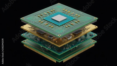 A photorealistic 3D render of a stack of computer processors, showcasing intricate circuitry and technology advancements