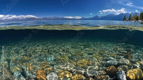 Clear lake tahoe water with underwater rocks and mountains in the background