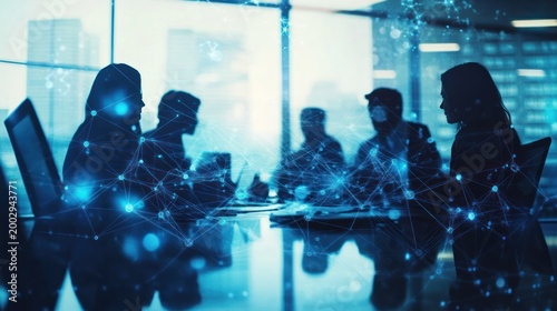 Business team collaborating in a modern office with digital network overlay