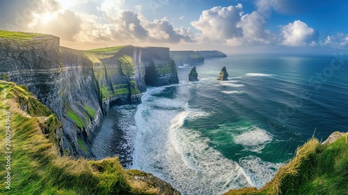 Cliffs of moher in ireland with waves crashing against the rugged shoreline