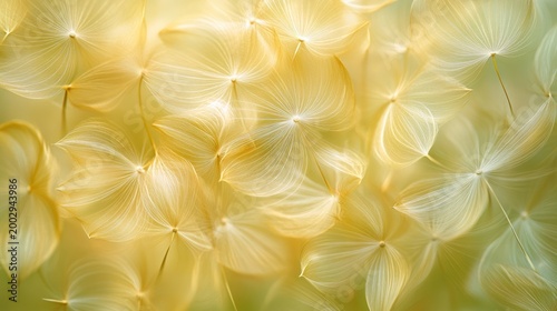 Dandelion seeds blowing away on a green background, delicate and fluffy