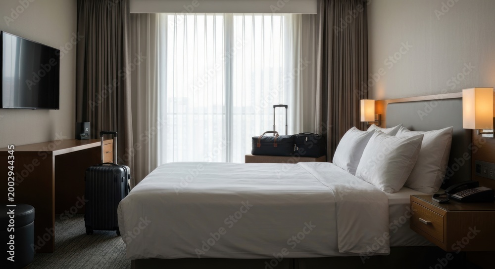 Fototapeta premium Bright Hotel Room with Luggage and Modern Amenities.