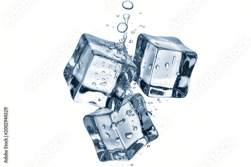 Falling ice cubes splash frozen water cooling refreshment, Ice cubes dropping into water splash cold concept, Fresh ice cubes fall splash refreshing cold water