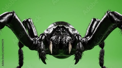 Hyper-realistic 4K CGI animation creepy black widow monster spider close-up angrily rearing up and violently striking forward in aggressive attack on a chroma key green screen background.