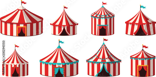 Set of 8 Colorful Circus Tent Vector Illustrations with Red and White Stripes, Flags, and Decorative Details for Carnival, Festival, and Event Designs