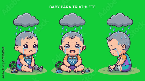 Sad Baby Para-Triathletes Sitting Under Rain Clouds with Tears.