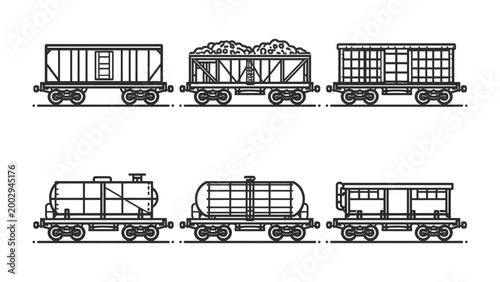 Schilderij op canvas Freight Train Cars Illustration: A set of six unique freight train cars, each designed for a specific cargo, stand side-by-side