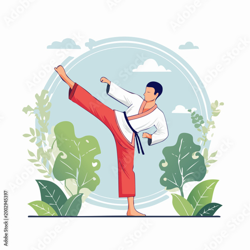 Martial Arts Practitioner Performing a High Kick in Nature