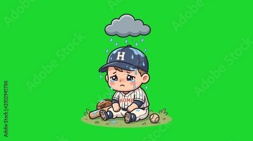 Sad Baseball Player Sitting Under a Rain Cloud Cartoon Illustration.