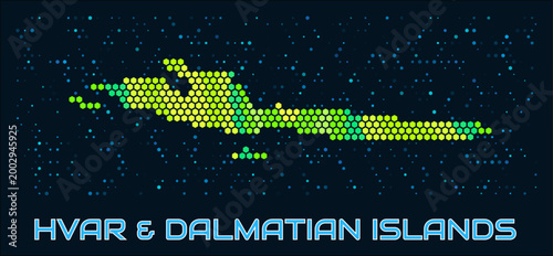 Hvar & Dalmatian Islands hexagon dots map. Croatia. Digital style shape of the island. Hvar & Dalmatian Islands map and title. Tiny green colored hexagons, sparse blue dots at background.