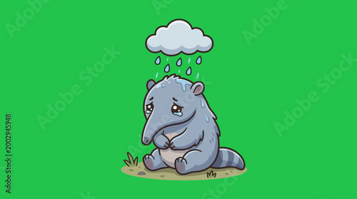 Sad Cartoon Anteater Sitting Under a Rain Cloud with Tears.