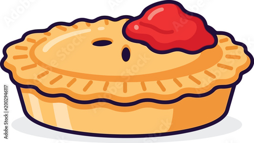 Delicious homemade fruit pie with golden brown crust and vibrant red topping presented in a charming stylized illustration perfect for culinary themes baking and dessert concepts