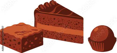 Delicious chocolate cake slice square brownie and round truffle candy isolated on white background perfect for bakery dessert and confectionery themes showcasing sweet indulgence