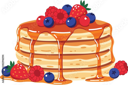 Delicious stack of golden brown pancakes generously drizzled with sweet sticky syrup and artfully garnished with fresh vibrant raspberries juicy blueberries and ripe strawberries perfect