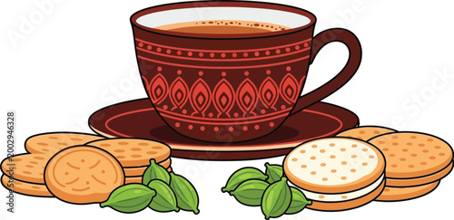 Cozy moment of hot aromatic coffee or tea in a decorative cup with saucer surrounded by sweet biscuits cookies and fresh green cardamom pods perfect for a relaxing break or morning ritual
