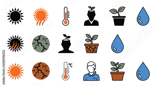Climate Change and Global Warming Vector Icon Set with Heatwave Concepts