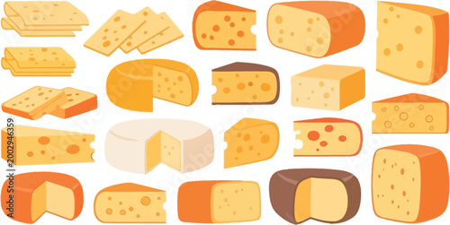 Assortment of various cheeses displayed in different shapes and slices including blocks wheels and slices against a clean white background culinary ingredients for cooking and gastronomy