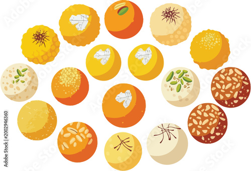 Assortment of colorful indian sweet laddoos and besan barfi arranged in a circular pattern flat illustration vibrant festive food isolated on white background traditional dessert collection