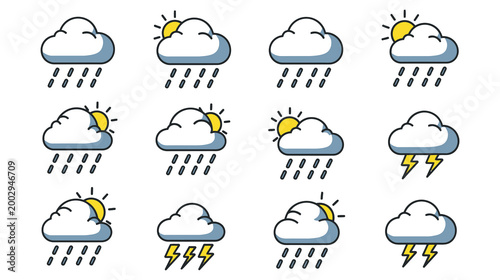 Flat Weather Forecast Icons with Clouds Sun Rain and Thunderstorm