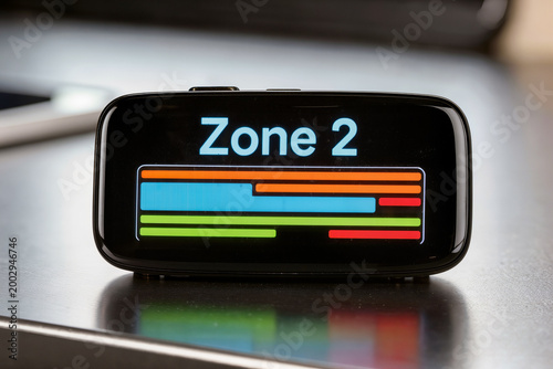 Fitness tracker display showing Zone 2 cardio training bars on dark desk