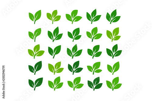 Collection of various green leaf icons representing nature, growth, and eco-friendly concepts on a white background