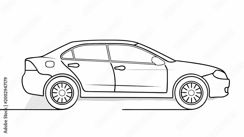 Fototapeta premium Continuous line drawing of a modern sedan car, minimalist vector illustration of a vehicle side view, simple black outline design