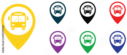 Bus and map marker icon set illustration featuring transportation bus symbols, location pins, and route navigation elements, clean flat vector design suitable for travel apps