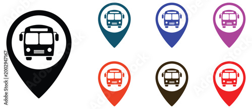 Bus concept icon set vector illustration featuring bus symbols, location markers, and map pins, representing public transport routes, navigation, and travel tracking vector illustration