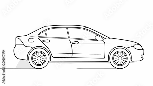 Continuous line drawing of a modern sedan car, minimalist vector illustration of a vehicle side view, simple black outline design
