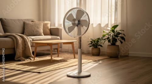 A modern, white pedestal fan stands on a wooden floor in a sunlit, cozy living room with a sofa, throw blanket, coffee table, and potted plants near sheer curtains.