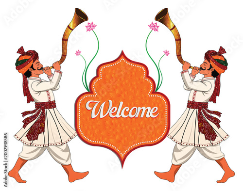 Indian Wedding Welcome Banner with Traditional Rajasthani Musicians and Ethnic Royal Decoration Vector Illustration