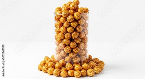 caramel popcorn overflowing from a clear glass jar on a white background