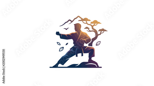 Man practicing kung fu stance strong.